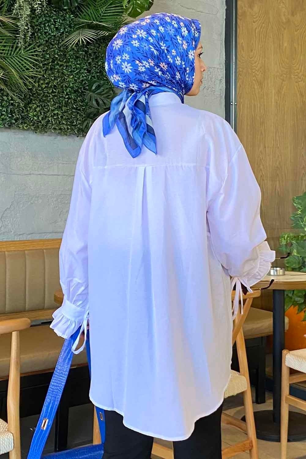 Lamelif Flores Beyaz Fırfırlı Tunik Uzun Kol Oversize Düz Desenli Kadın Moda Stili görsel 4