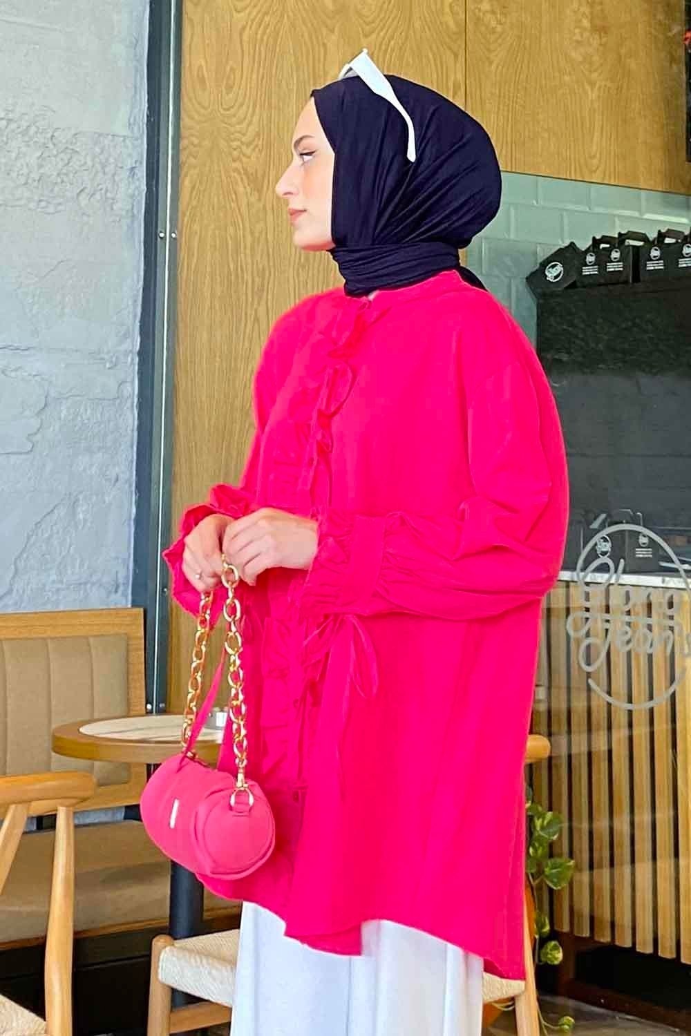 Lamelif Flores Beyaz Fırfırlı Tunik Uzun Kol Oversize Düz Desenli Kadın Moda Stili görsel 6