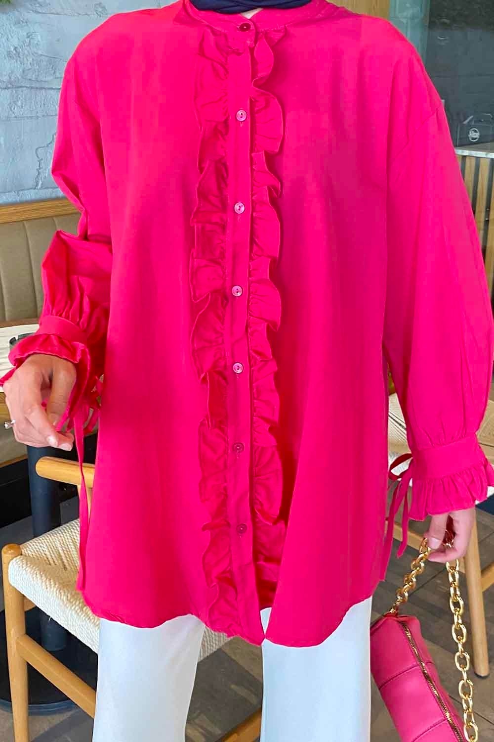 Lamelif Flores Beyaz Fırfırlı Tunik Uzun Kol Oversize Düz Desenli Kadın Moda Stili görsel 7
