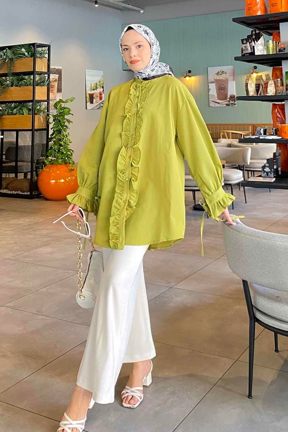 Lamelif Flores Beyaz Fırfırlı Tunik Uzun Kol Oversize Düz Desenli Kadın Moda Stili