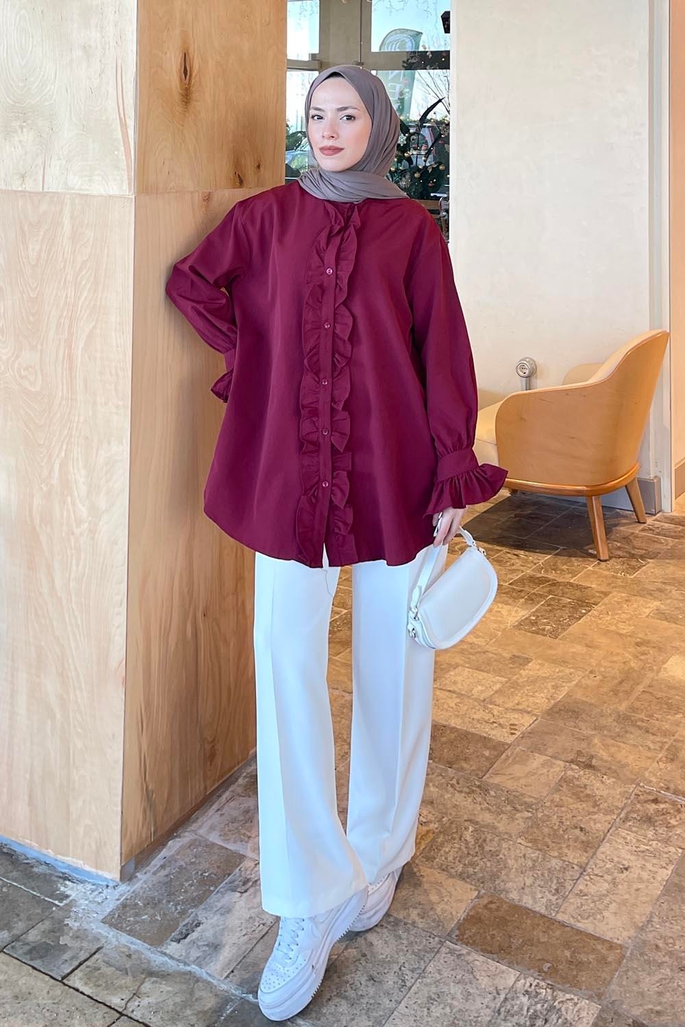 Lamelif Flores Beyaz Fırfırlı Tunik Uzun Kol Oversize Düz Desenli Kadın Moda Stili