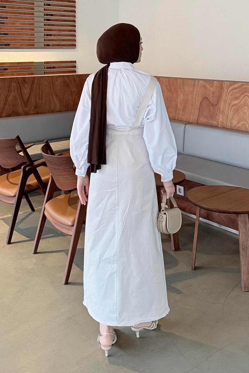 Lamelif Krem Önü Boydan Düğmeli Salopet Pamuk Polyester Uzun Kadın Şıklığı görsel 8