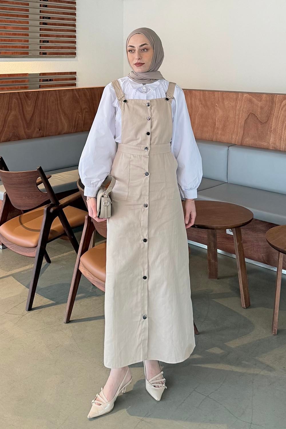 Lamelif Krem Önü Boydan Düğmeli Salopet Pamuk Polyester Uzun Kadın Şıklığı