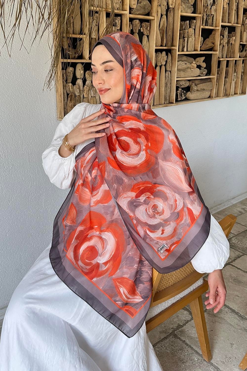 Lamelif Çiçek Desen Pamuk Şal Antrasit 70 x 180 cm Hafif ve Nefes Alan Kumaşla Kadınlar İçin görsel 4