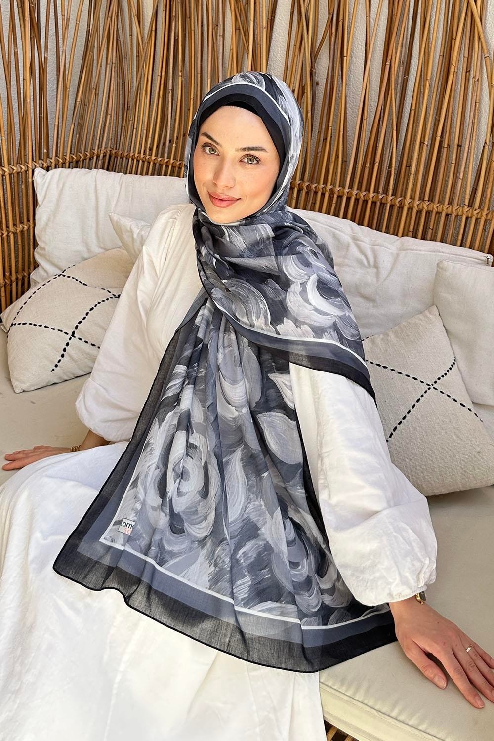 Lamelif Çiçek Desen Pamuk Şal Antrasit 70 x 180 cm Hafif ve Nefes Alan Kumaşla Kadınlar İçin görsel 6