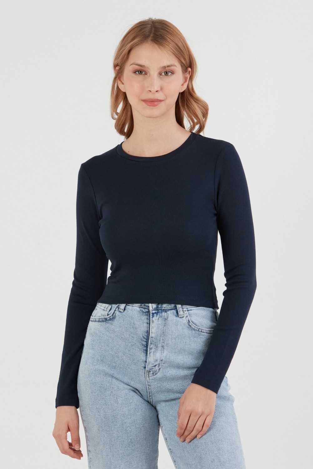 FullaModa Basic Bisiklet Yaka Uzun Kollu Crop Body
