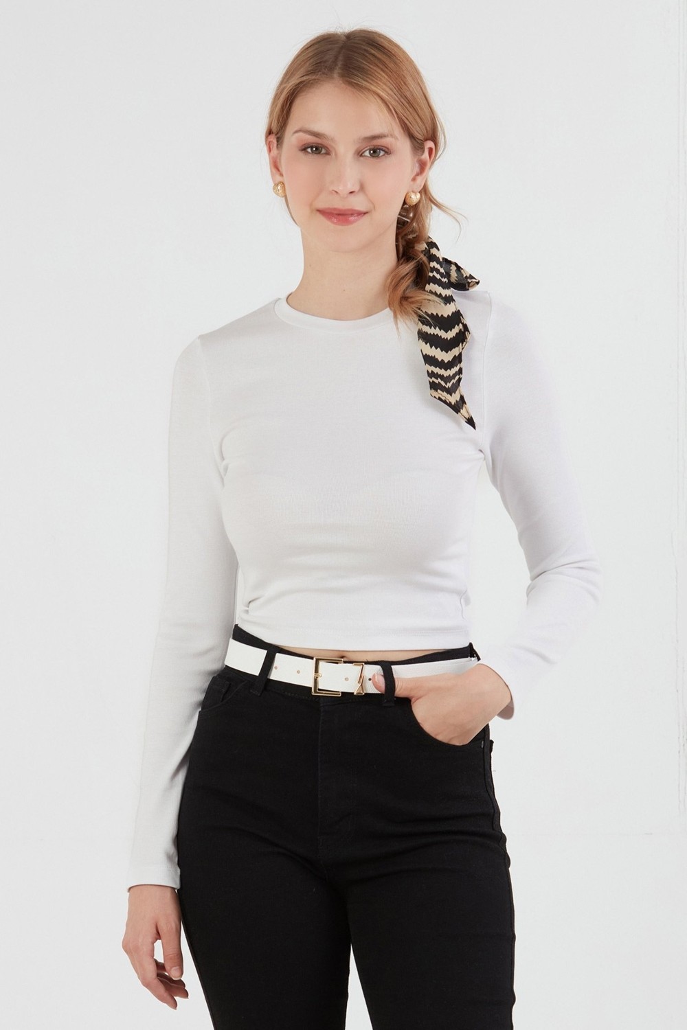 FullaModa Basic Bisiklet Yaka Uzun Kollu Crop Body