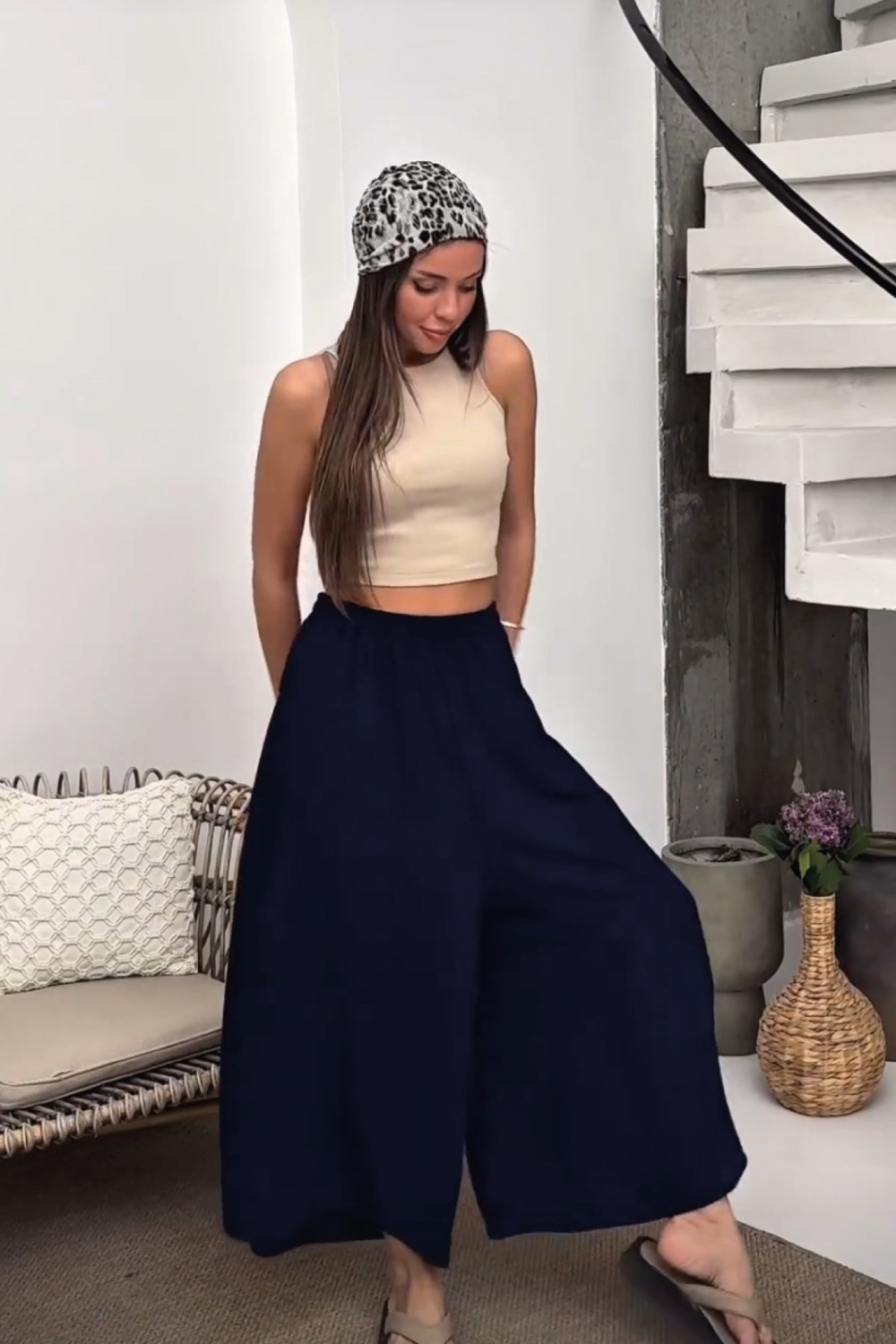 Hatun Atila Beli Lastikli Geniş Kesim Kloş double Krep pantolon Etek 5187 - Lacivert