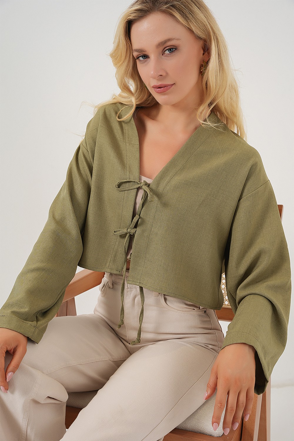 Bigdart Önü Bağlamalı Keten Kimono 960 - Beyaz görsel 3