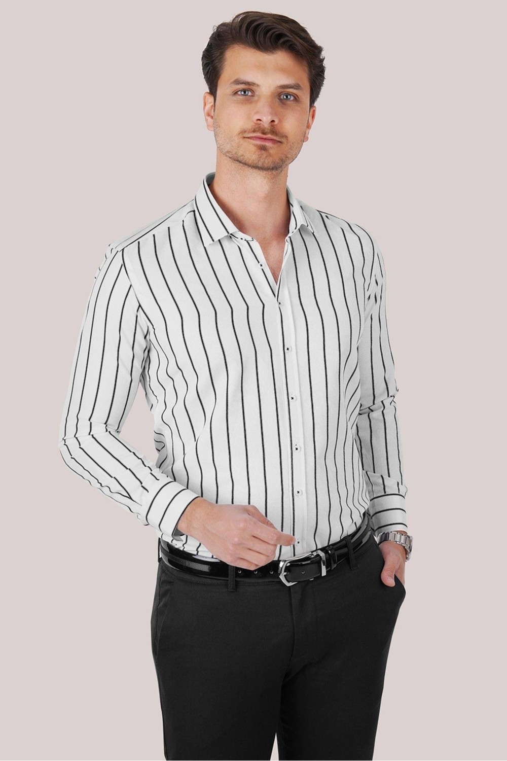 Etikmen Gri Beyaz Çizgili Slimfit Erkek Gömlek görsel 5