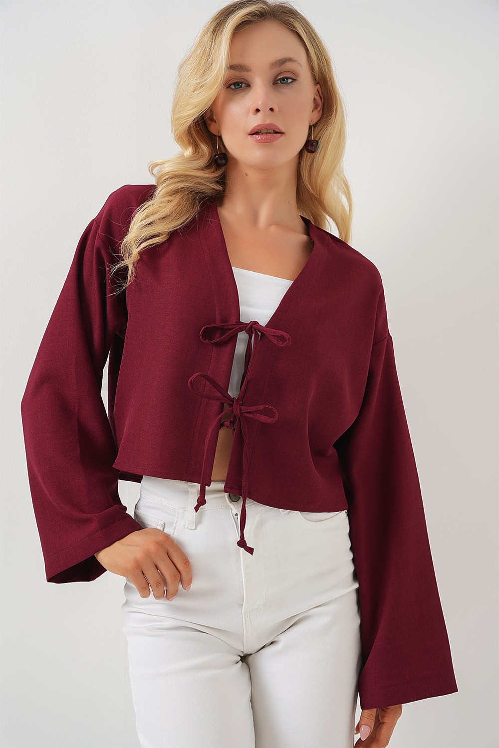 Bigdart Önü Bağlamalı Keten Kimono 960 - Beyaz görsel 6
