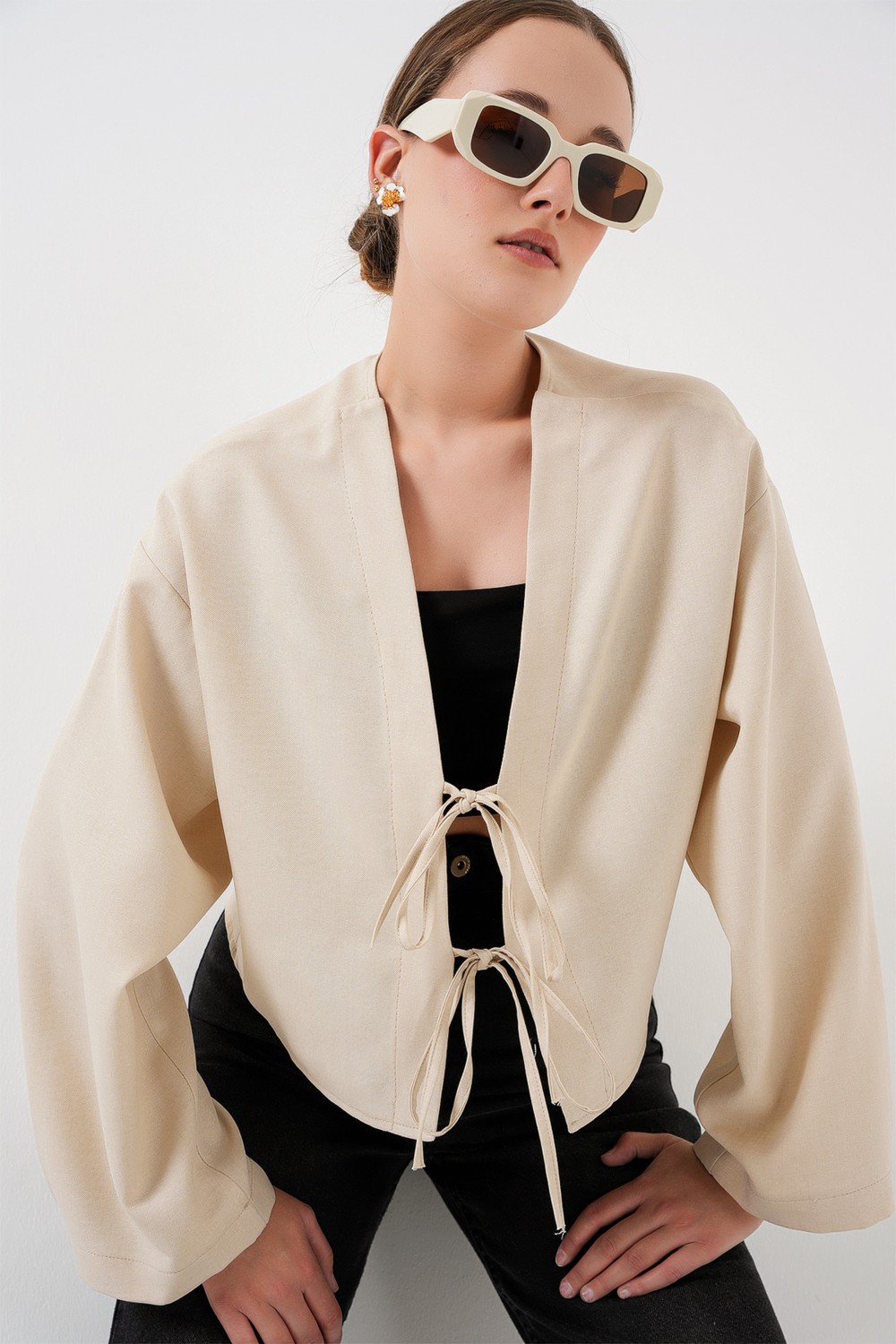 Bigdart Önü Bağlamalı Keten Kimono 960 - Beyaz