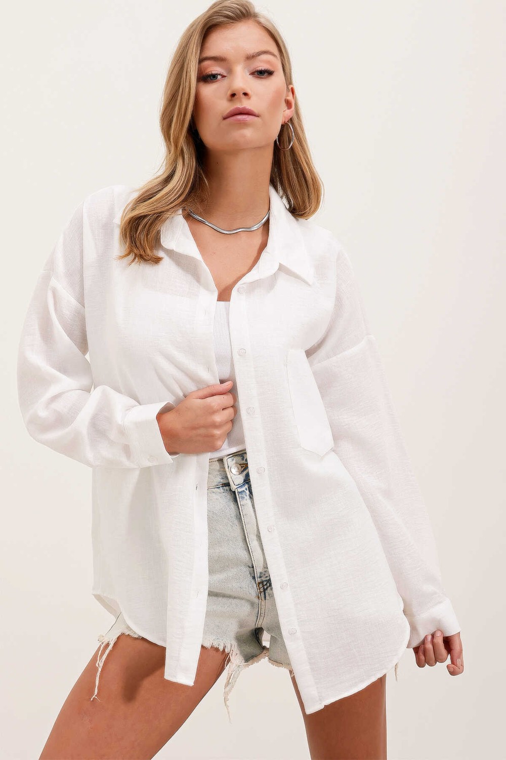 Bigdart 20153 Tek Cepli Oversize Keten Gömlek - Saks