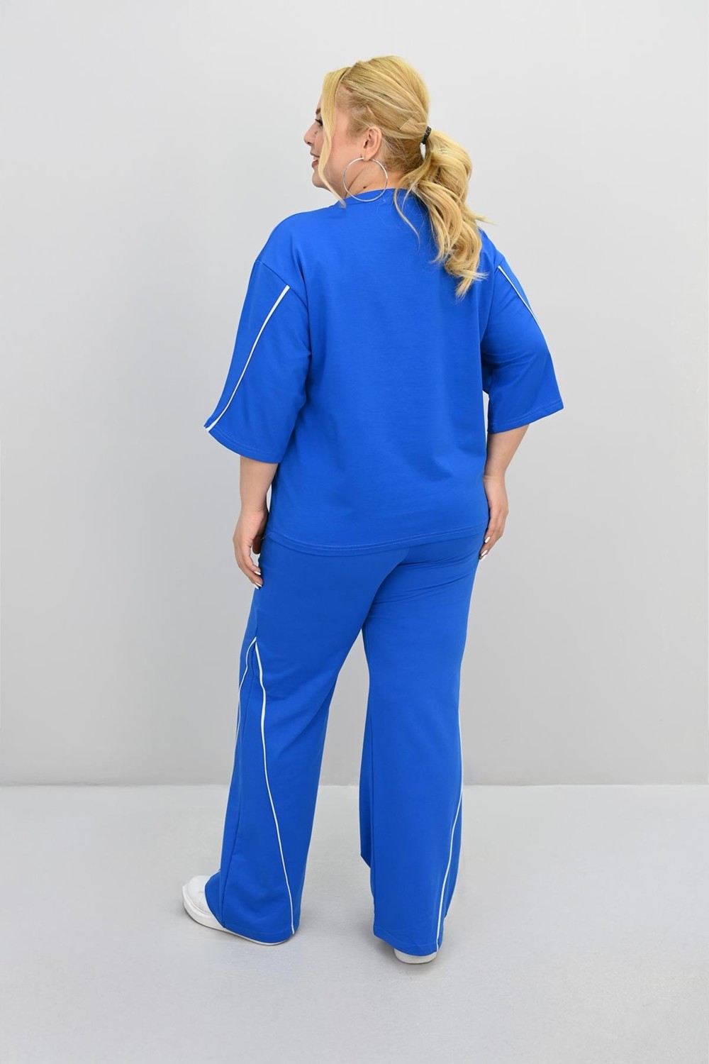 Moda Xlarge Kadın Büyük Beden Kısa Kollu V Yaka Ara Biye Detaylı Eşofman Takımı 8181-25 görsel 5