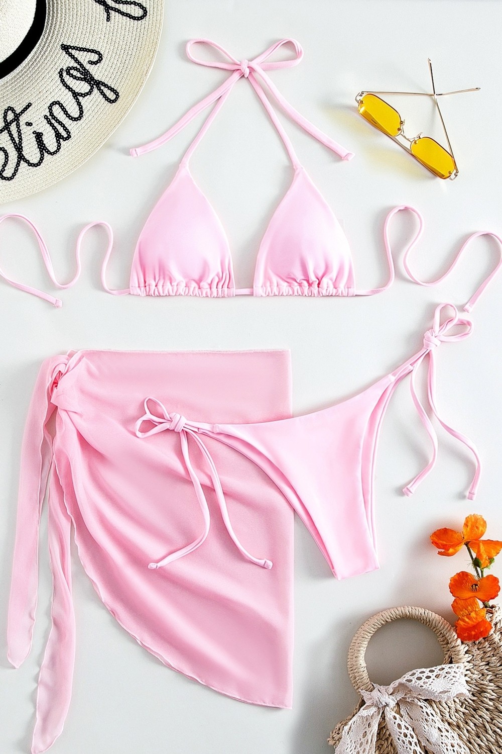 Angelsin Pareolu Bağlamalı 3'lü Bikini Takım Set (Çıkartılabilir Kaplı)
