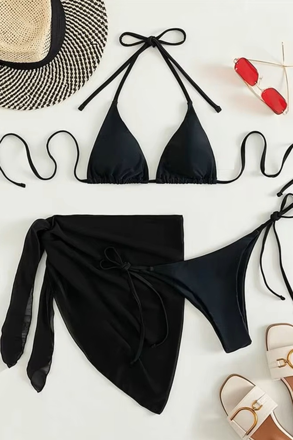 Angelsin Pareolu Bağlamalı 3'lü Bikini Takım Set (Çıkartılabilir Kaplı) görsel 4