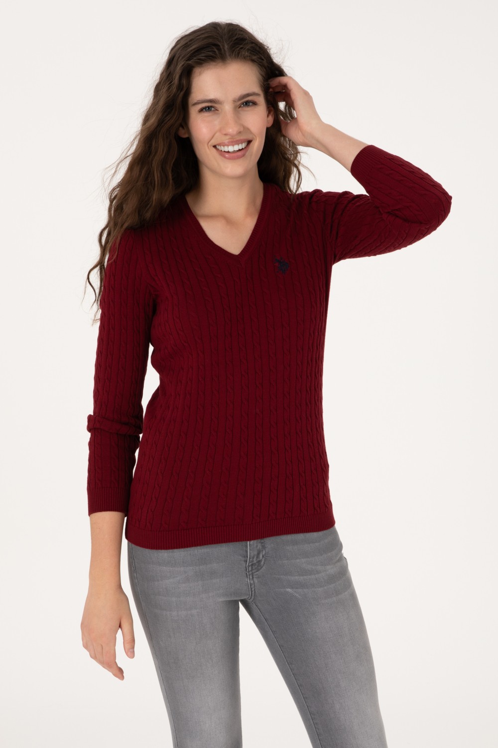 U.S. Polo Assn. Kadın Bordo V Yaka Basic Kazak 50313625-VR014