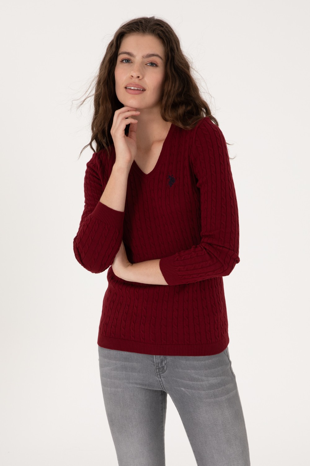 U.S. Polo Assn. Kadın Bordo V Yaka Basic Kazak 50313625-VR014 görsel 3