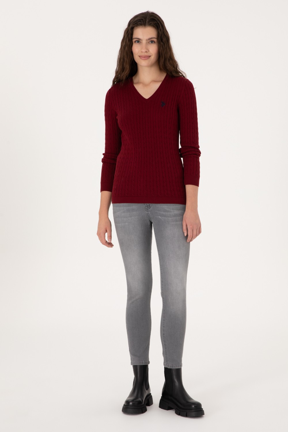 U.S. Polo Assn. Kadın Bordo V Yaka Basic Kazak 50313625-VR014 görsel 4