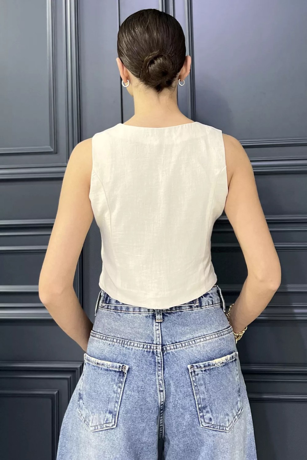 Gülseli Kadın Ön Bağlamalı Astarlı Keten Yelek P-00017577 görsel 7