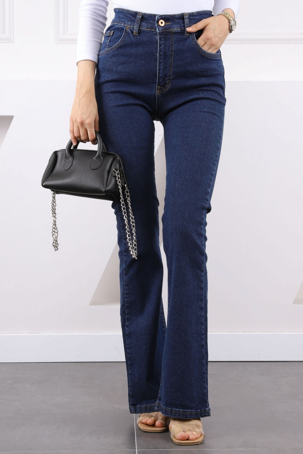 İmaj Butik Koyu Mavi Yüksek Bel Ispanyol Paça Jeans Pantolon