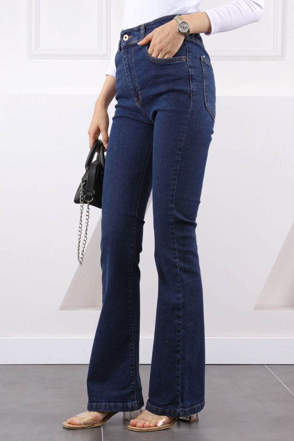 İmaj Butik Koyu Mavi Yüksek Bel Ispanyol Paça Jeans Pantolon görsel 2