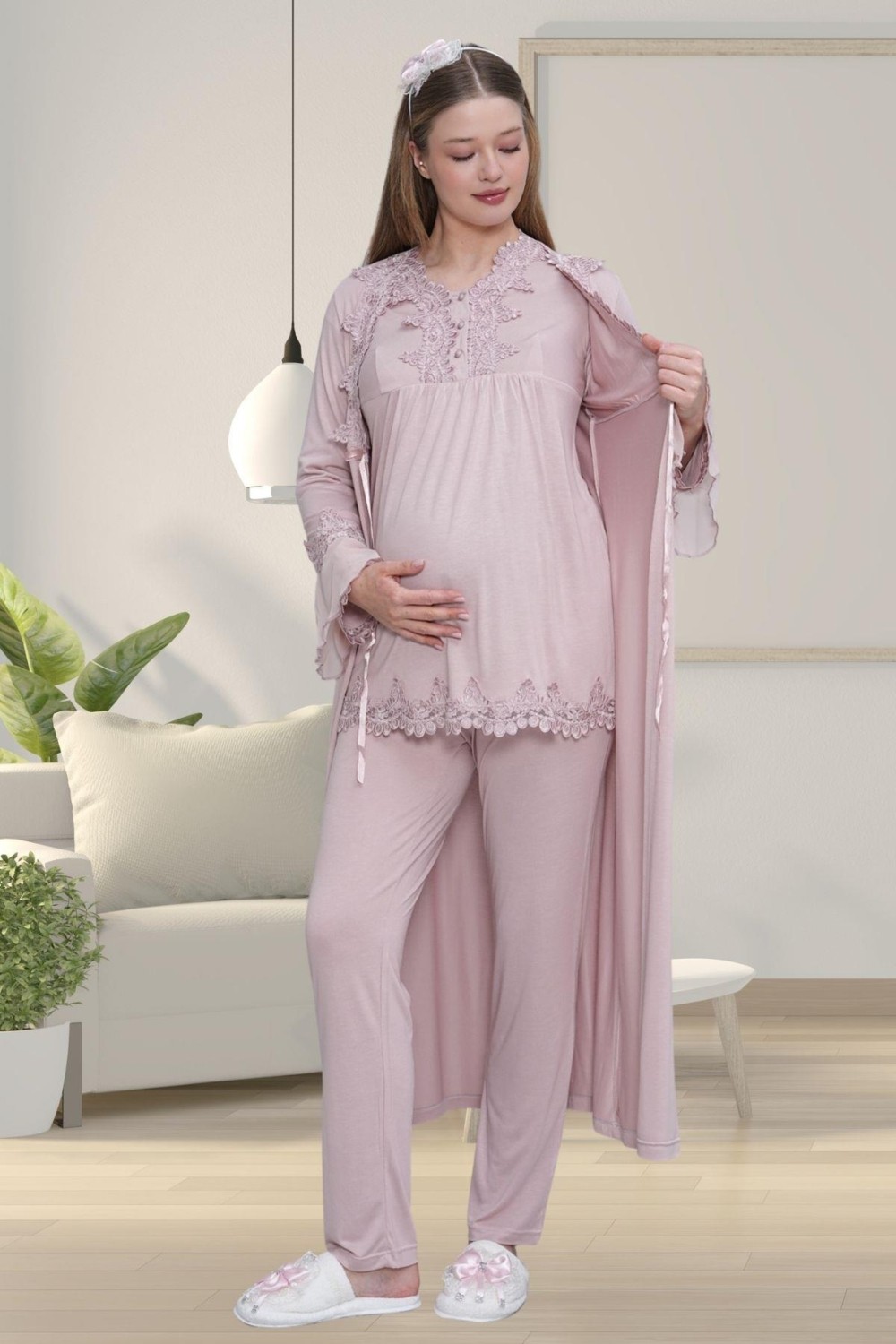 Mecit Pijama Mecit 1517 Gül Kurusu Sabahlıklı Lohusa Pijama Takımı