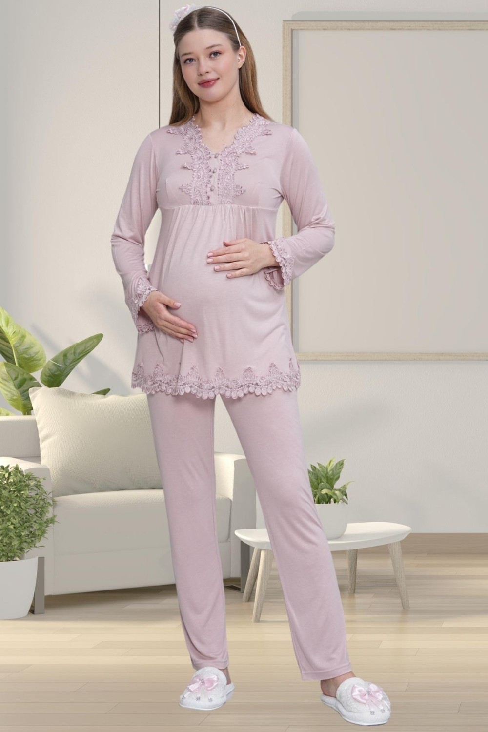 Mecit Pijama Mecit 1517 Gül Kurusu Sabahlıklı Lohusa Pijama Takımı görsel 2