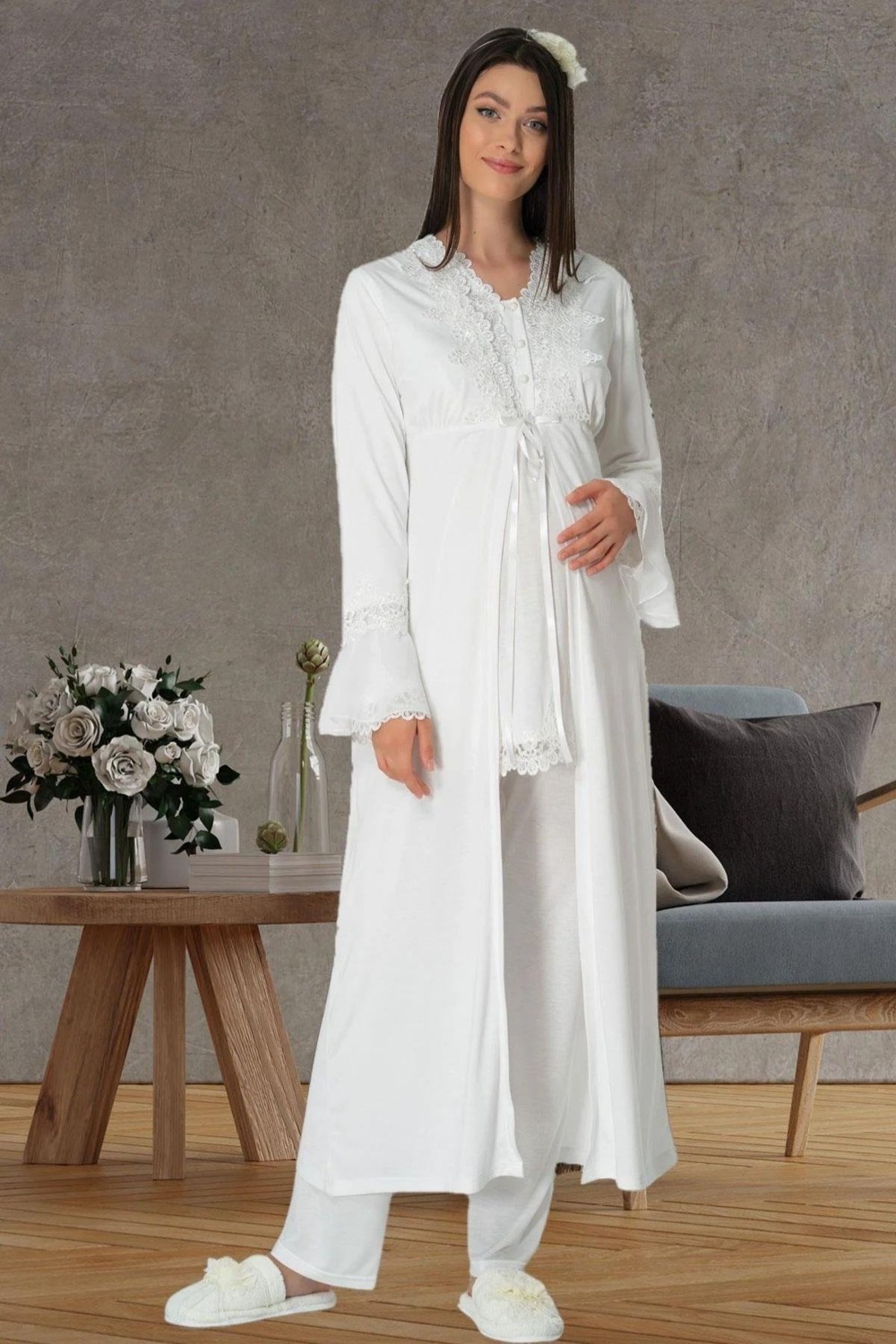 Mecit Pijama Mecit 1517 Ekru Sabahlıklı Lohusa Pijama Takımı
