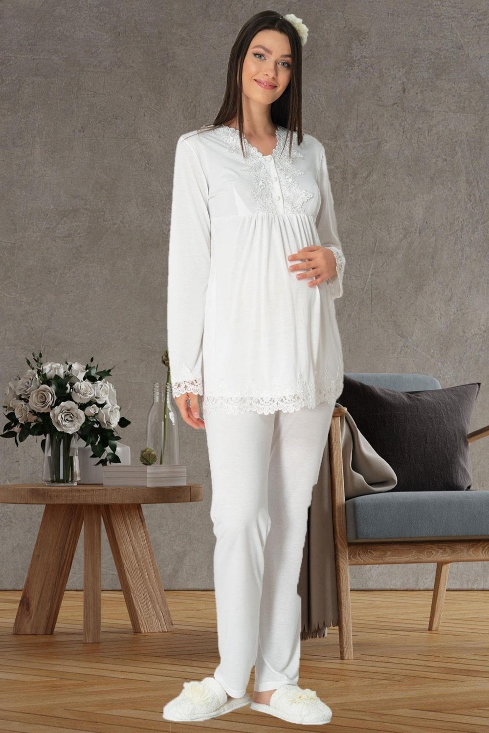 Mecit Pijama Mecit 1517 Ekru Sabahlıklı Lohusa Pijama Takımı görsel 2