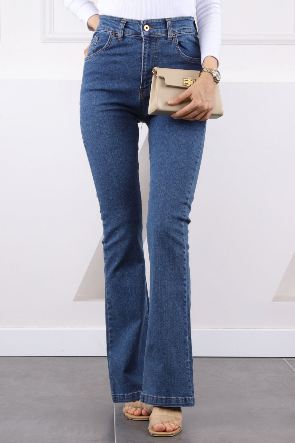 İmaj Butik Koyu Mavi Yüksek Bel Ispanyol Paça Jeans Pantolon