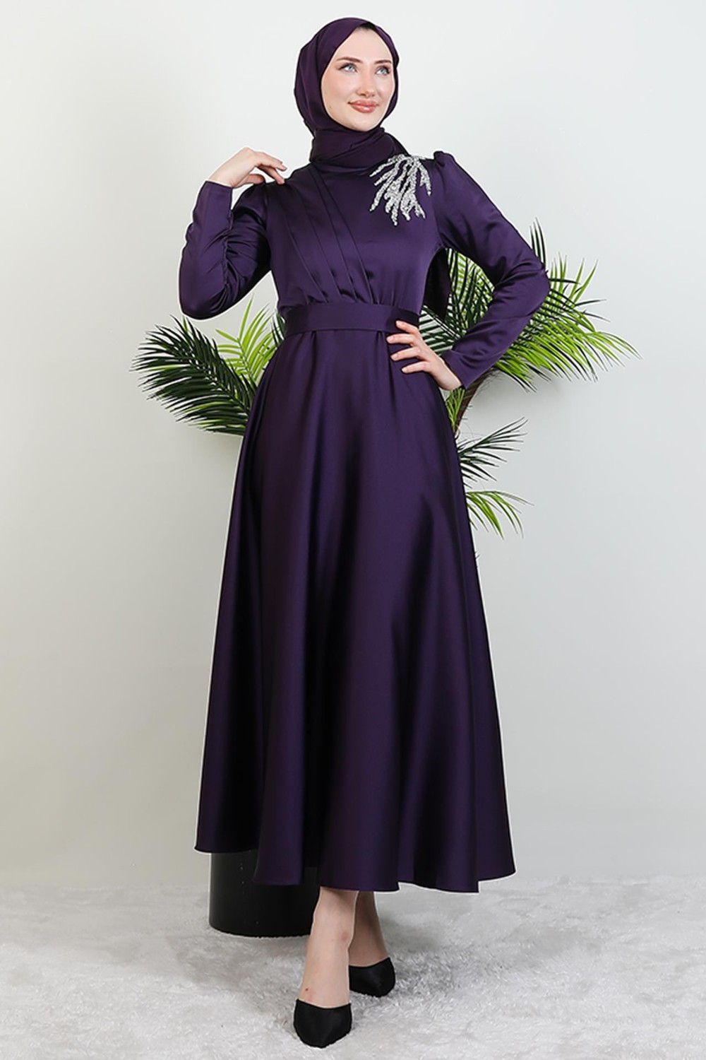 Giza Store Omzu Taşlı Saten Abiye Koyu Indigo