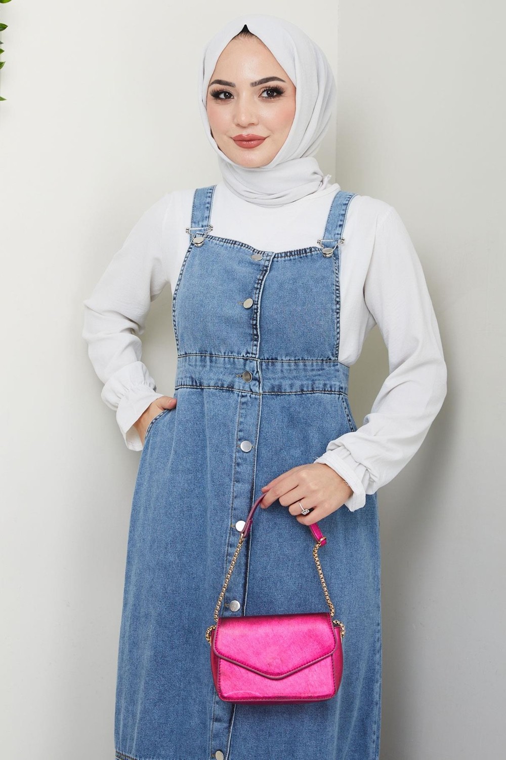 Hafsa Mina Eteği Fırfırlı Düğmeli Kot Salopet Elbise Mavi HM2672 görsel 3