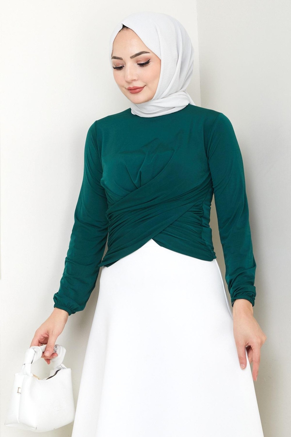 Hafsa Mina Bisiklet Yaka Büzgülü Sandy Bluz Zümrüt HM2765