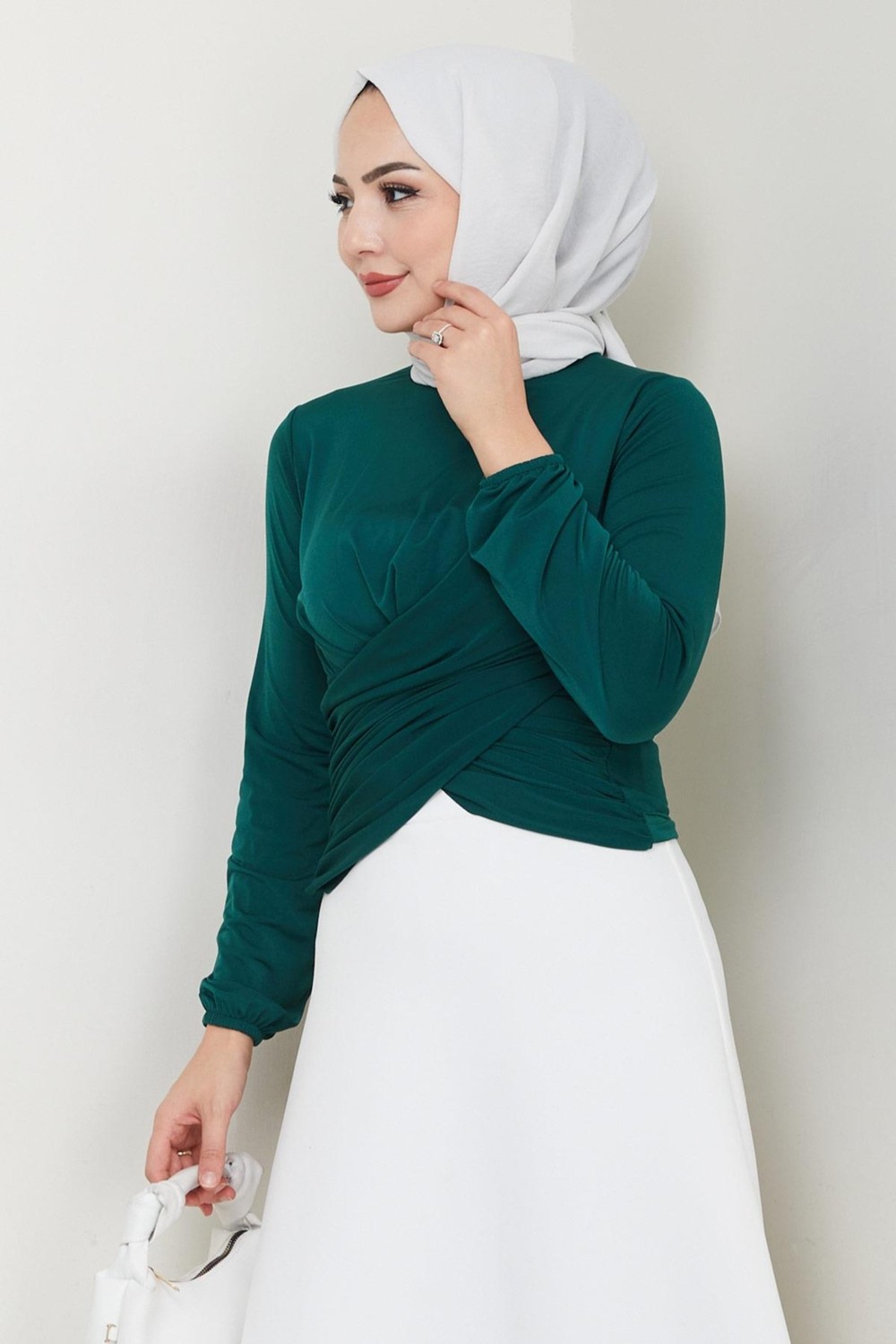 Hafsa Mina Bisiklet Yaka Büzgülü Sandy Bluz Zümrüt HM2765 görsel 5