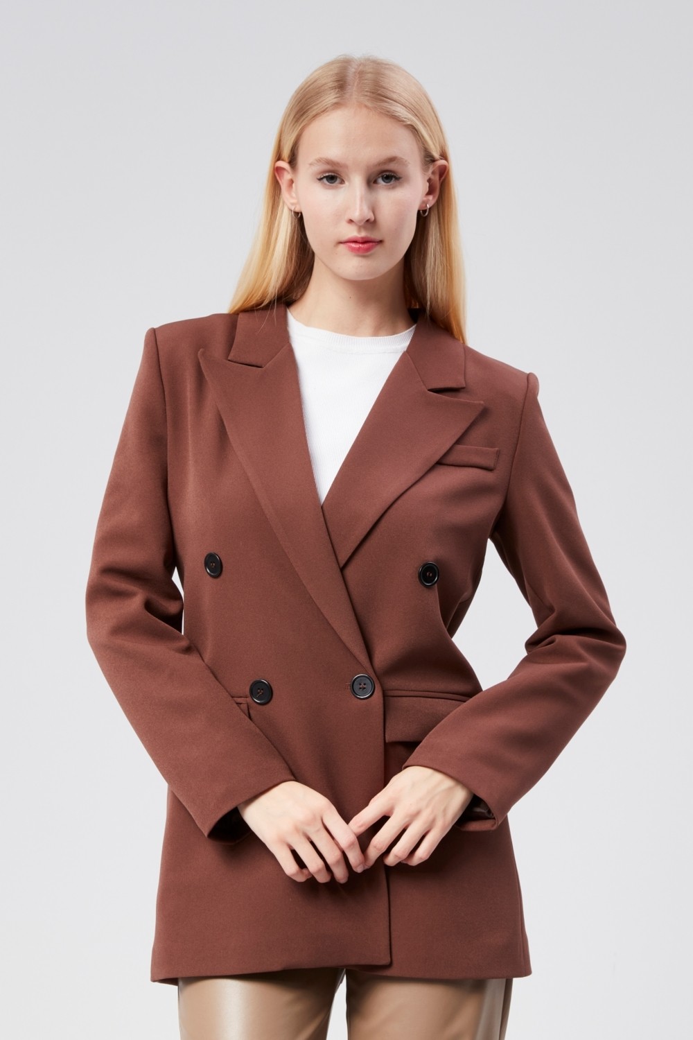 Bolivente Ekru Regular Astarlı Kruvaze Kapama Dokuma Oversize Blazer Ceket