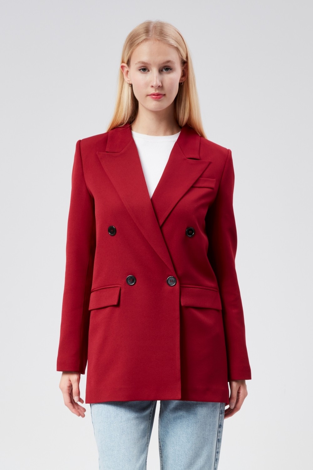 Bolivente Ekru Regular Astarlı Kruvaze Kapama Dokuma Oversize Blazer Ceket