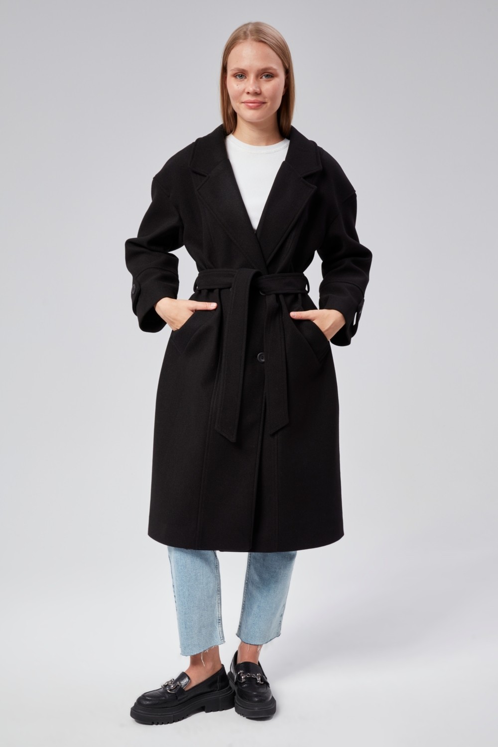 Bolivente Kadın Oversize Acı Kahve Kuşaklı Kaşe Kaban Polyester Düz Desenli