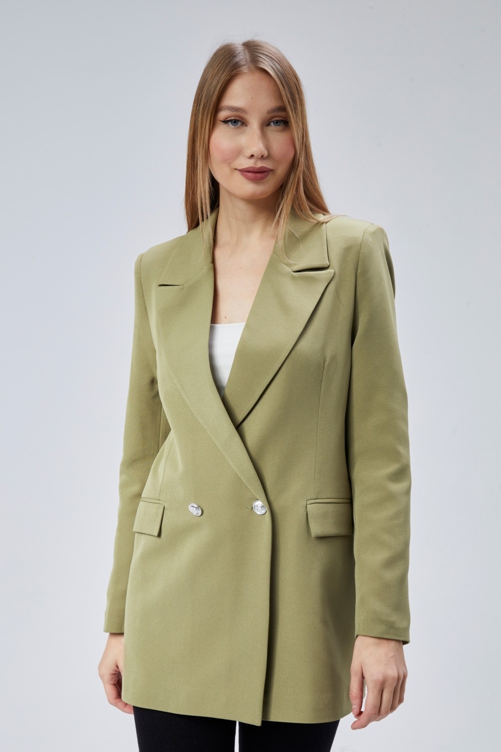 Bolivente Fıstık Yeşili Oversize Dokuma Blazer Ceket