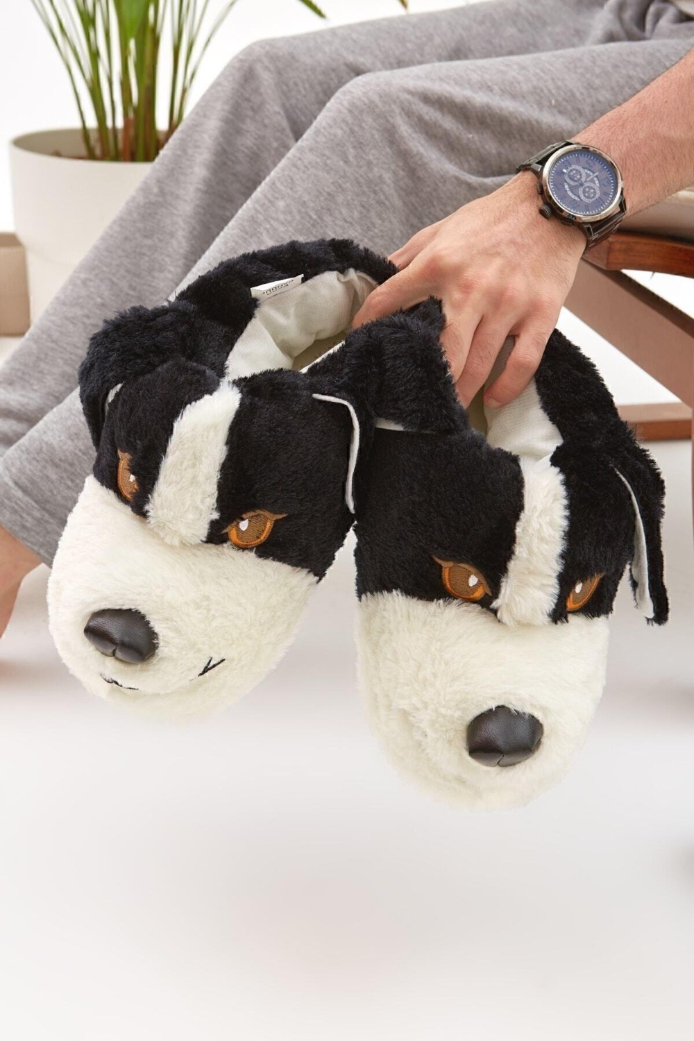 Moda Devrin Mdes Gri Hayvanlı Peluş Ev Ayakkabısı Kadın İçin Sessiz Taban Sevimli Köpek Figürlü Panduf görsel 6
