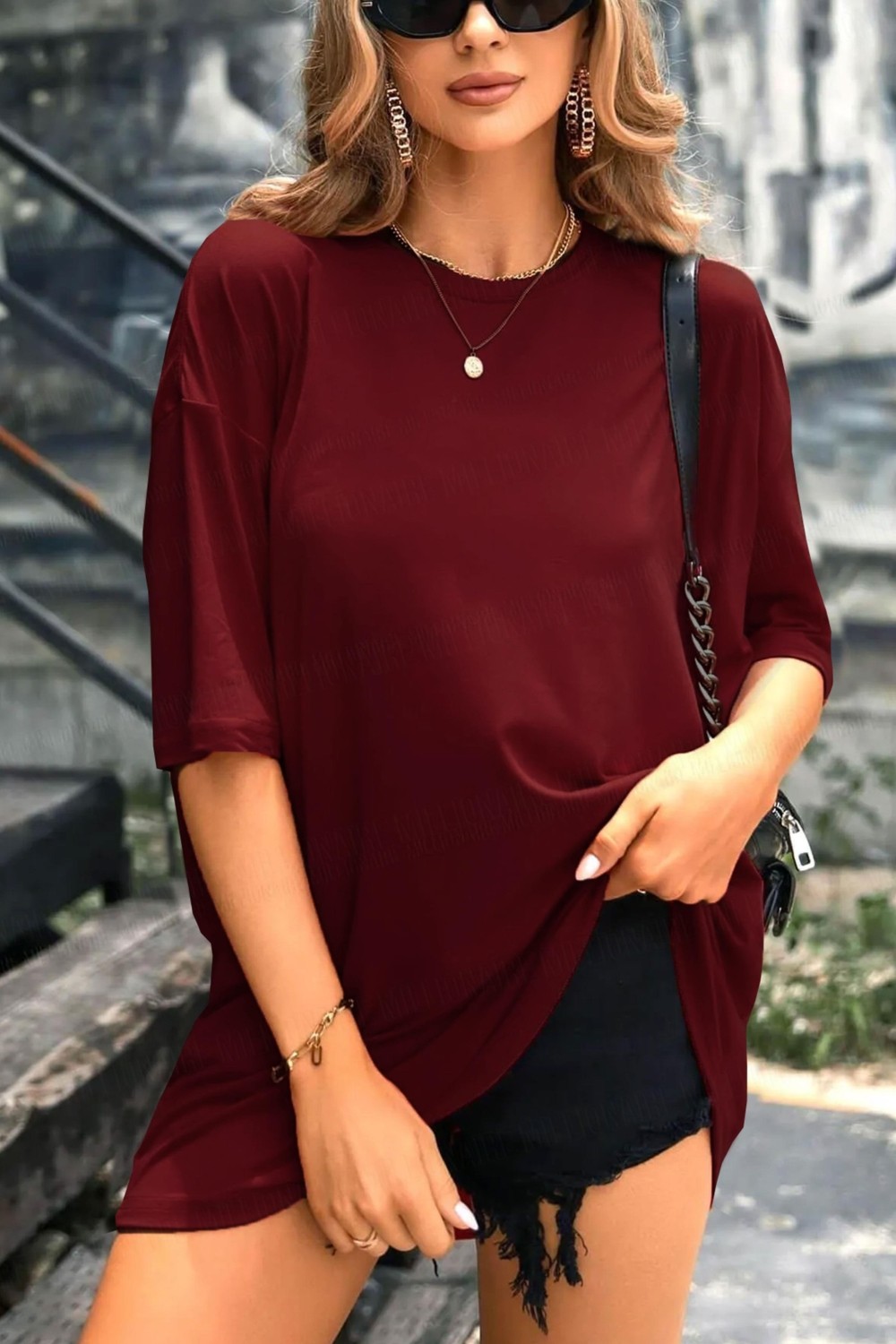 Millionaire Teenage Millionaire Kadın Bordo Oversize Truvakar Kol Basic T-Shirt İnce Kumaş Düz Tasarım