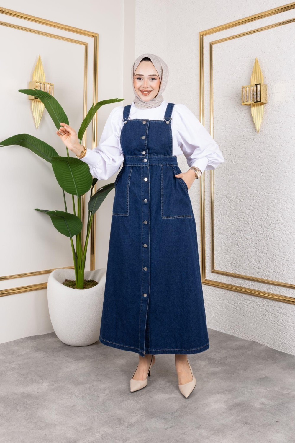 Harma Time Butik Kadın Askılı Lacivert Kot Salopet