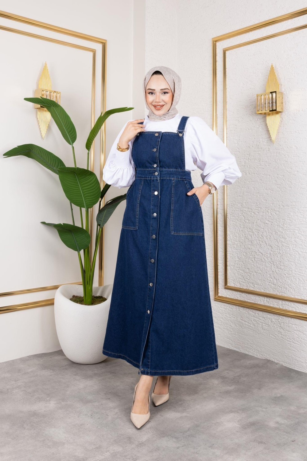 Harma Time Butik Kadın Askılı Lacivert Kot Salopet görsel 2