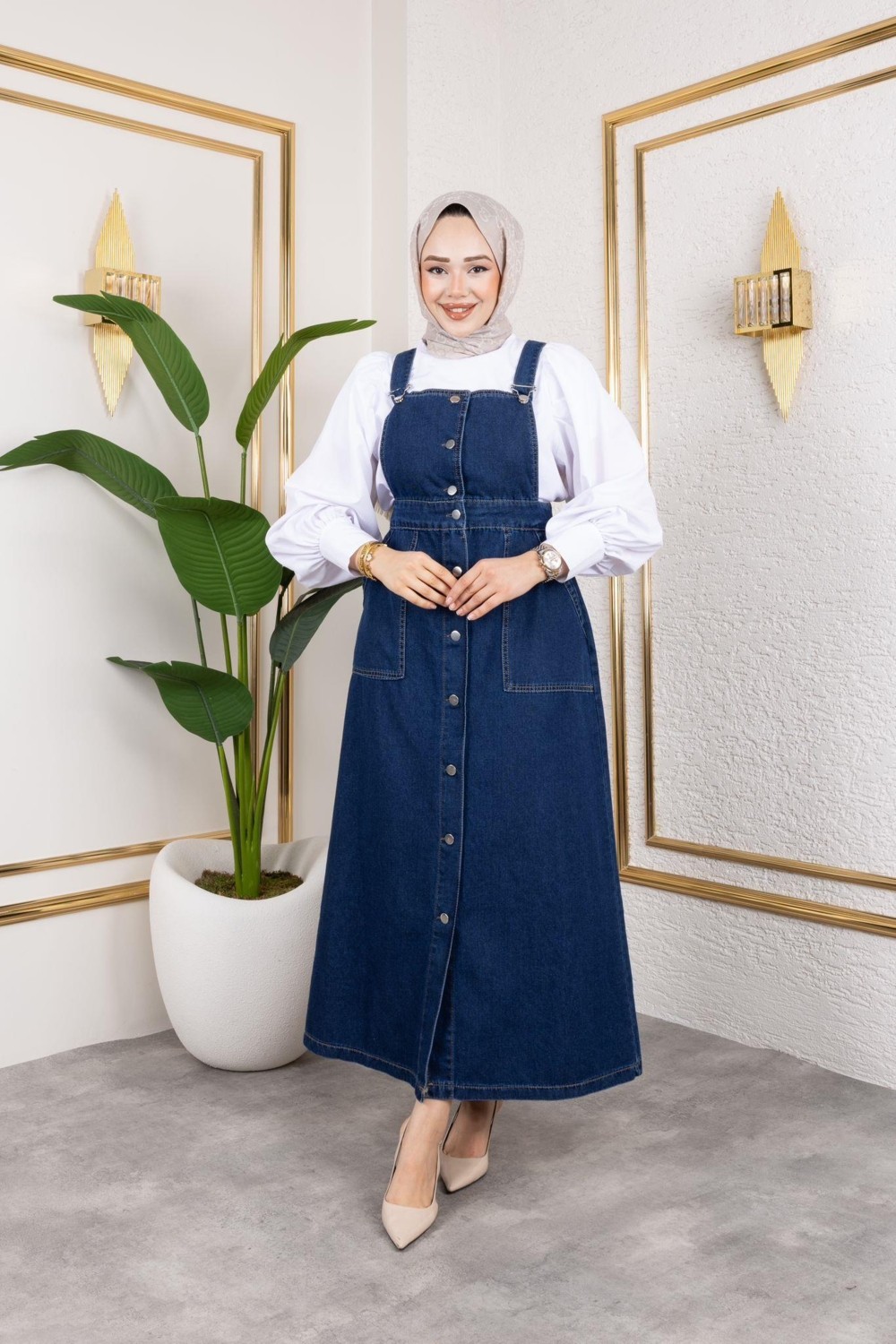 Harma Time Butik Kadın Askılı Lacivert Kot Salopet görsel 3