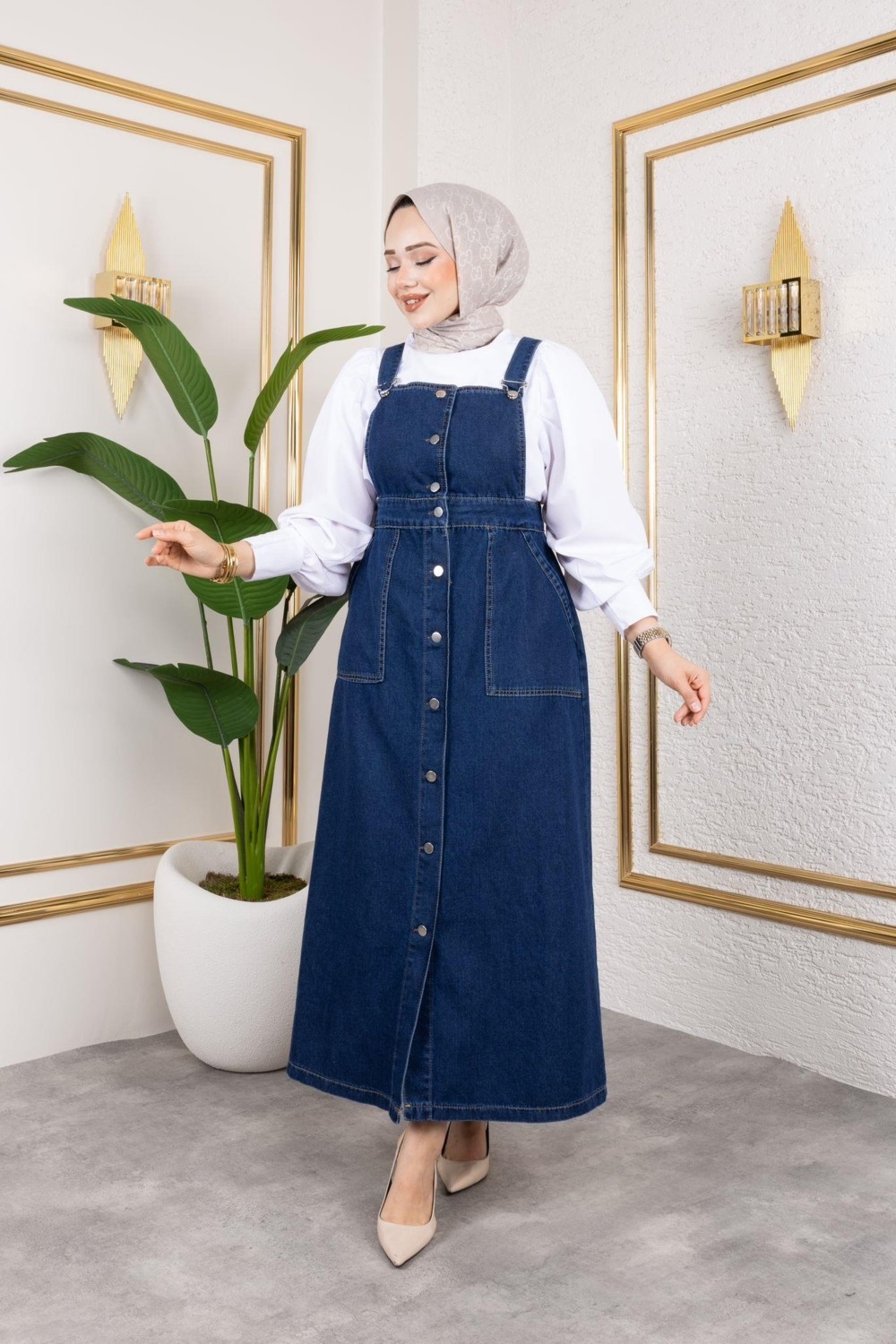 Harma Time Butik Kadın Askılı Lacivert Kot Salopet görsel 4
