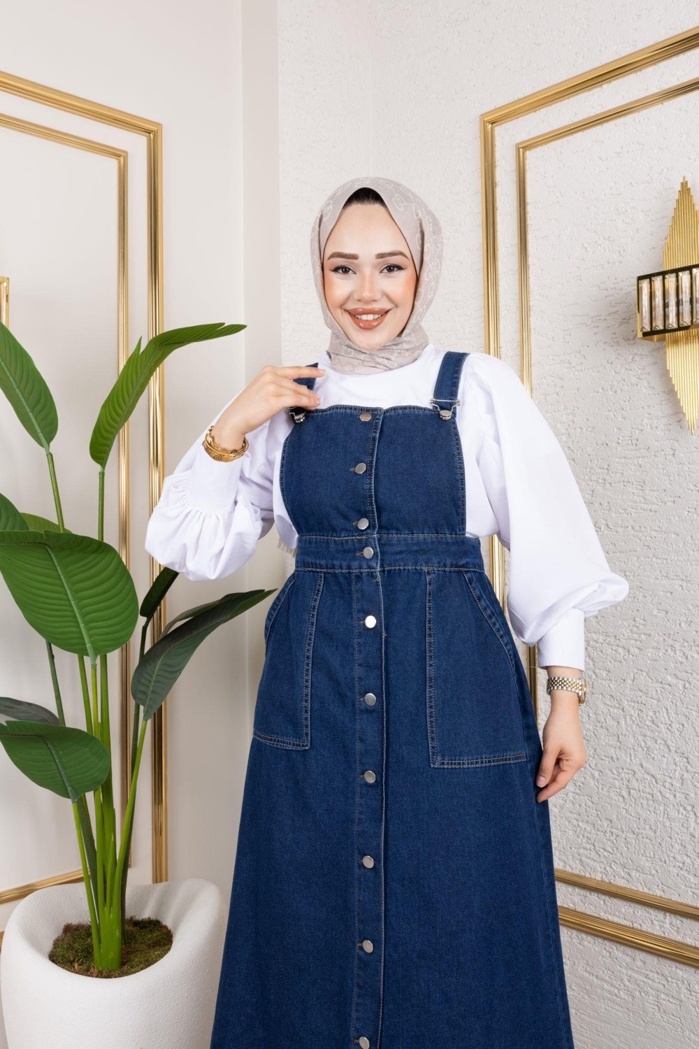 Harma Time Butik Kadın Askılı Lacivert Kot Salopet görsel 5