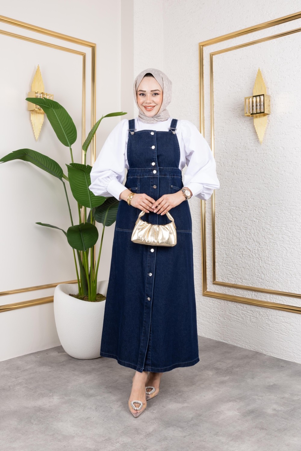 Harma Time Butik Kadın Askılı Lacivert Kot Salopet görsel 2