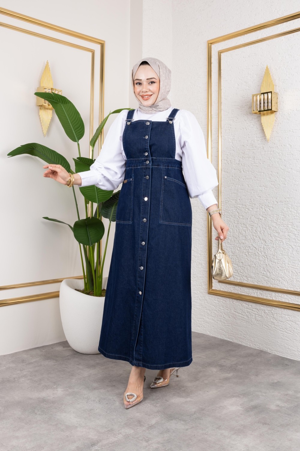 Harma Time Butik Kadın Askılı Lacivert Kot Salopet görsel 3