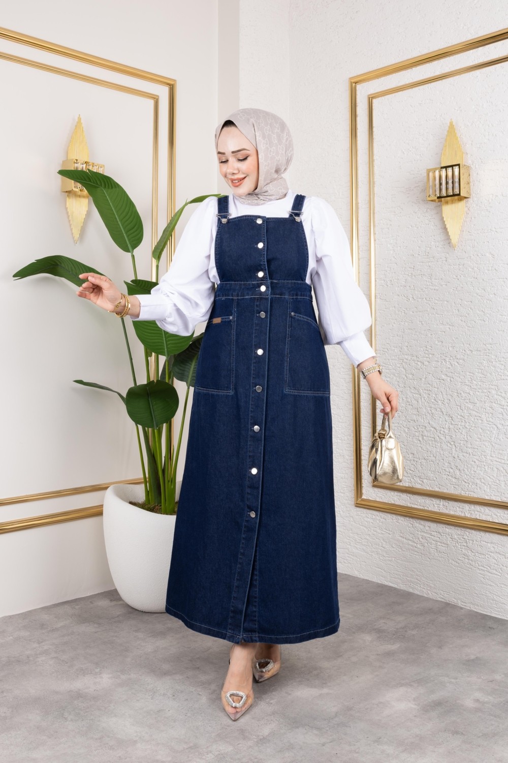 Harma Time Butik Kadın Askılı Lacivert Kot Salopet görsel 4