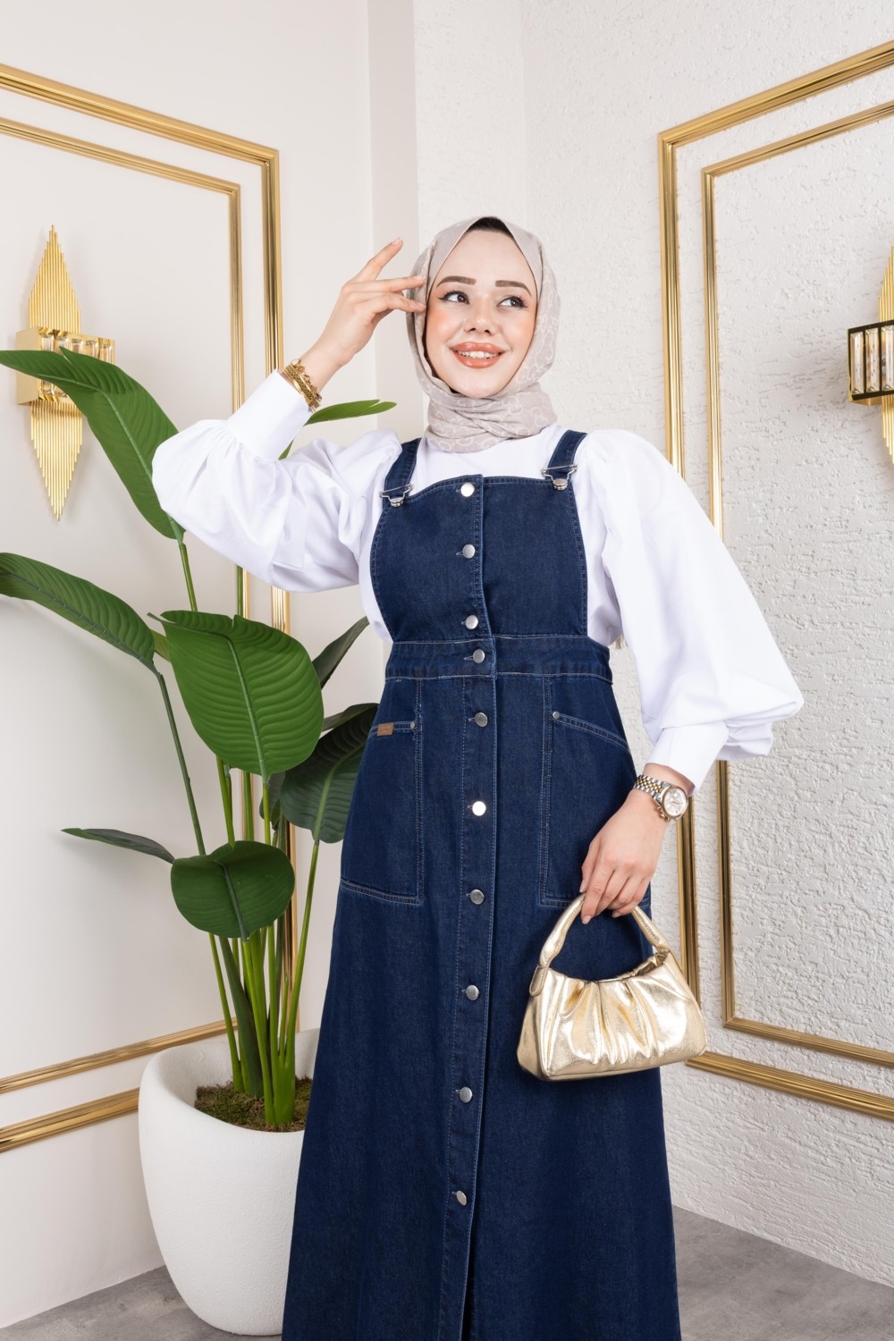 Harma Time Butik Kadın Askılı Lacivert Kot Salopet görsel 5